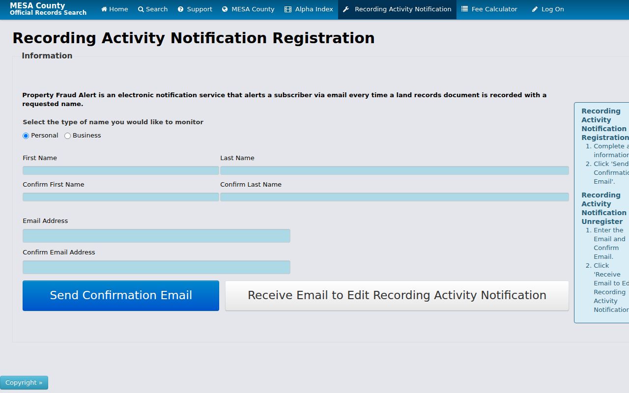 Mesa County Clerk of Court records recording activity notification boundary