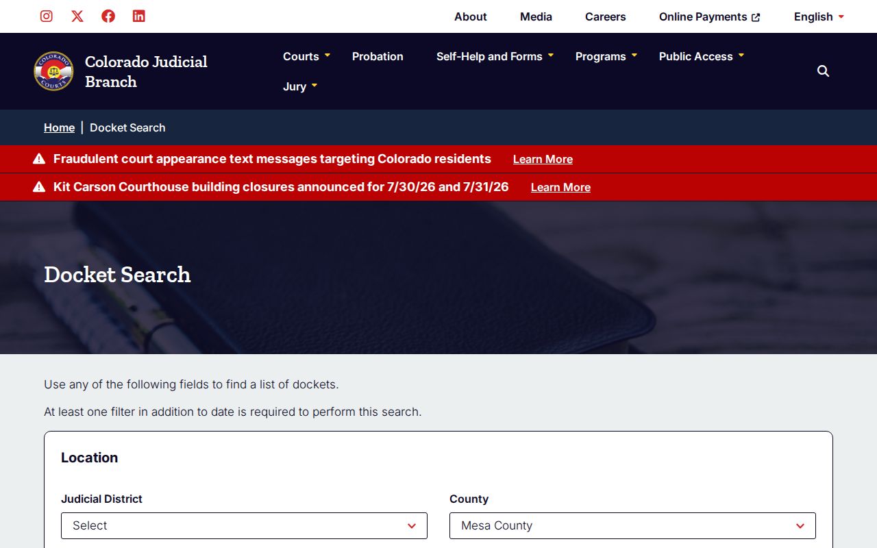 Mesa County court dockets prefiltered docket search