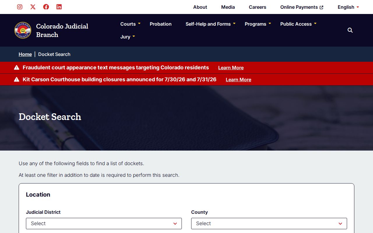 Mesa County court records docket search screen