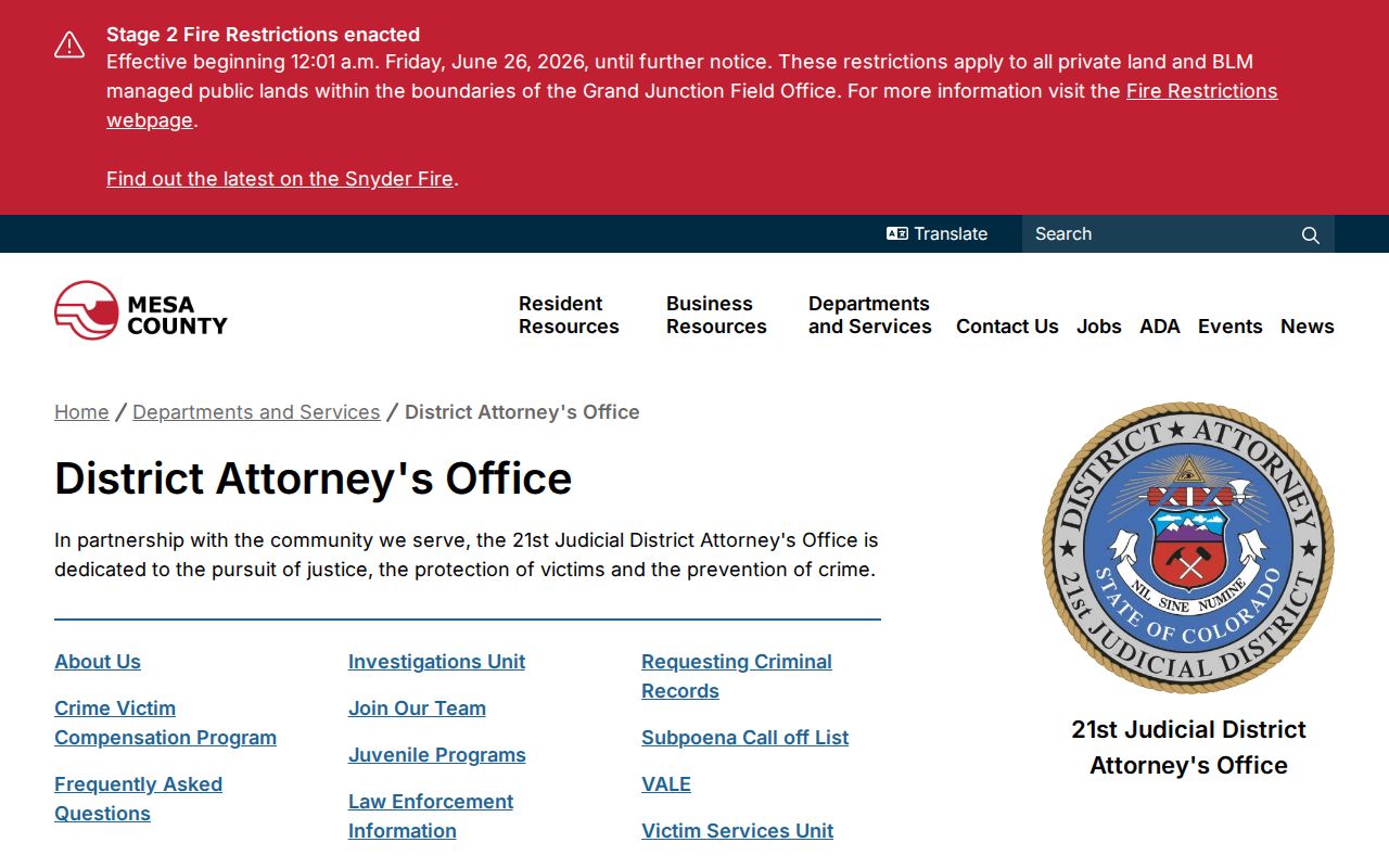 Mesa County District Court 21st Judicial District Attorney page