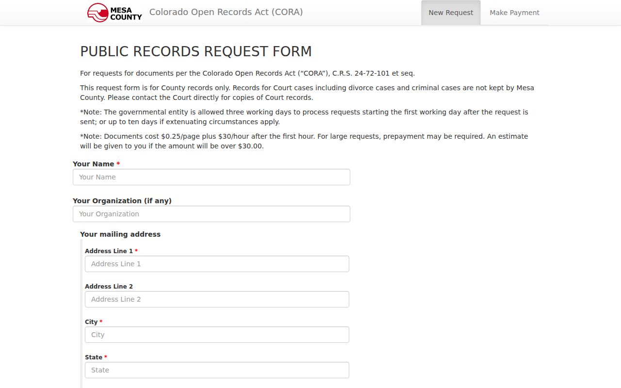 Mesa County court records CORA request form for county records