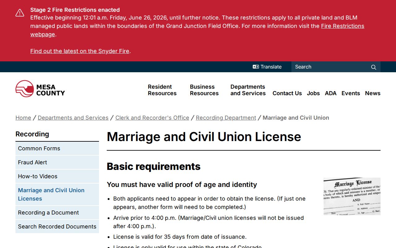 Mesa County marriage and divorce records marriage license page