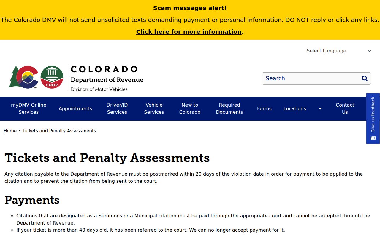 Mesa County traffic court records Colorado DMV tickets and penalty assessments
